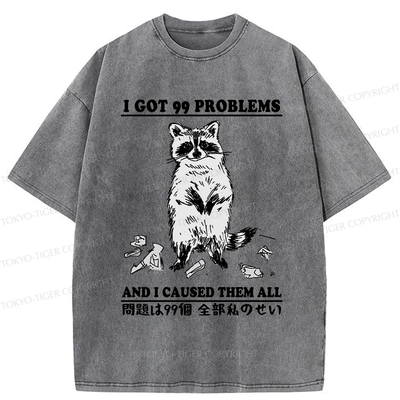 Tokyo-Tiger Funny Raccoon Causes 99 Problems Washed T-Shirt