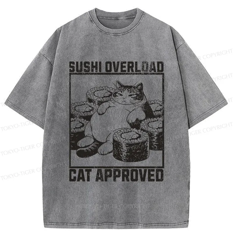 Tokyo-Tiger Fat Cat And Sushi Washed T-Shirt