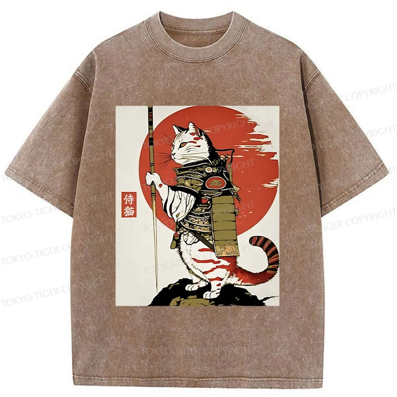 Tokyo-Tiger Samurai Cat Holding Sword Washed T-Shirt