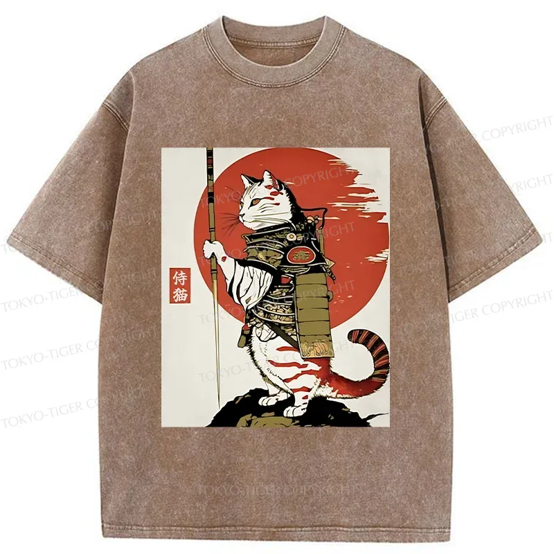 Tokyo-Tiger Samurai Cat Holding Sword Washed T-Shirt