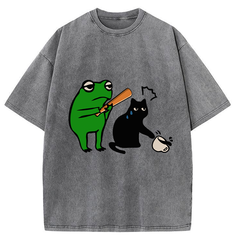 Tokyo-Tiger Funny Frog Hit The Cat Washed T-Shirt