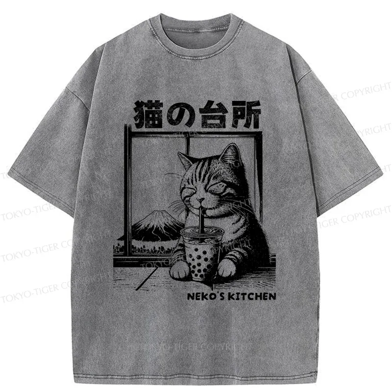 Tokyo-Tiger Cat Drinking Milk Tea Washed T-Shirt