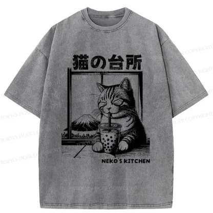 Tokyo-Tiger Cat Drinking Milk Tea Washed T-Shirt
