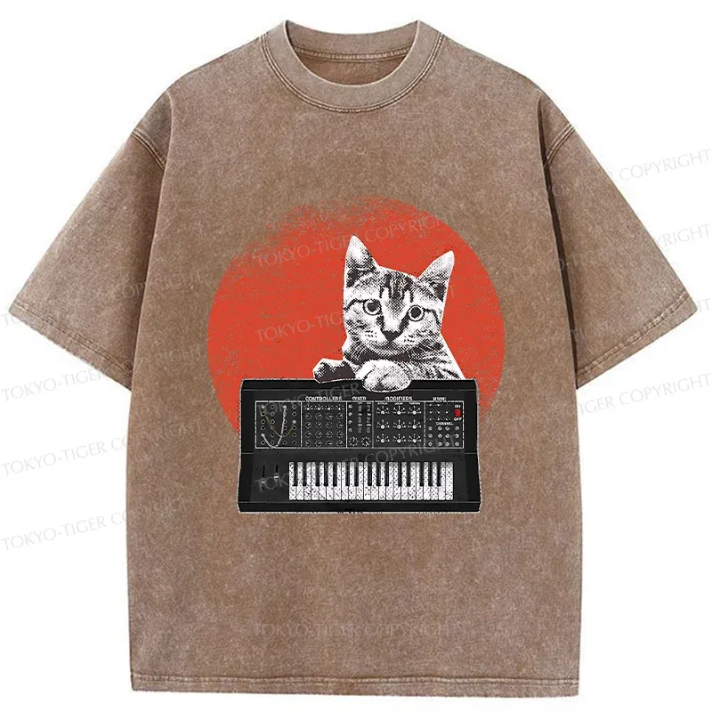 Tokyo-Tiger Cat And Analog Synthesizer Washed T-Shirt