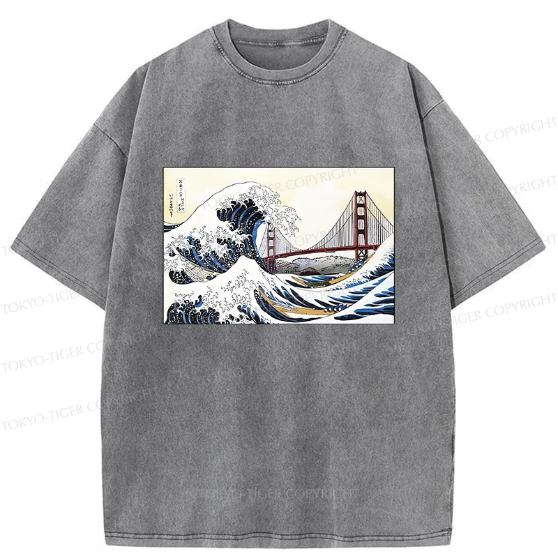 Tokyo-Tiger Golden Gate Bridge And Waves Washed T-Shirt
