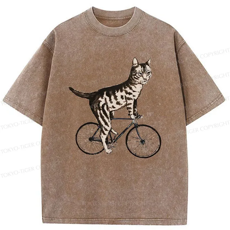 Tokyo-Tiger Cat Riding A Bicycle Washed T-Shirt