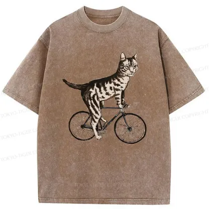 Tokyo-Tiger Cat Riding A Bicycle Washed T-Shirt