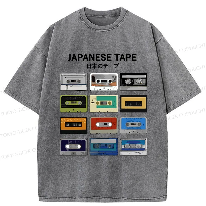 Tokyo-Tiger Retro Japanese Tapes Washed T-Shirt