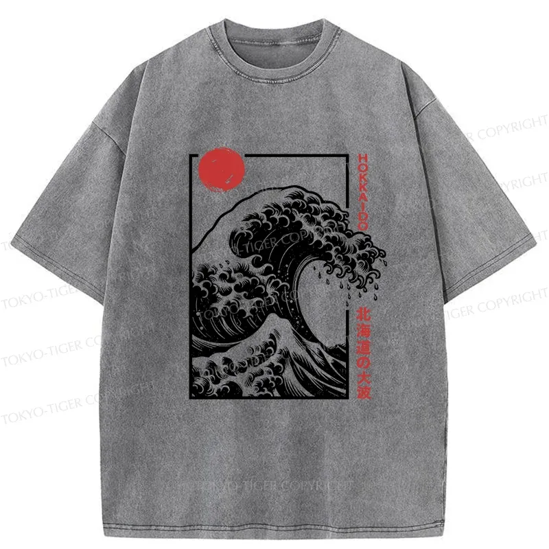 Tokyo-Tiger Japanese Ukiyoe Wave Washed T-Shirt
