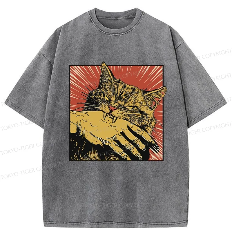 Tokyo-Tiger Cat Bites Hand Japanese Washed T-Shirt