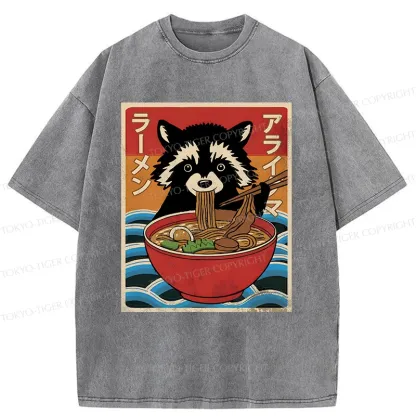 Tokyo-Tiger Raccoon Eating Ramen Washed T-Shirt