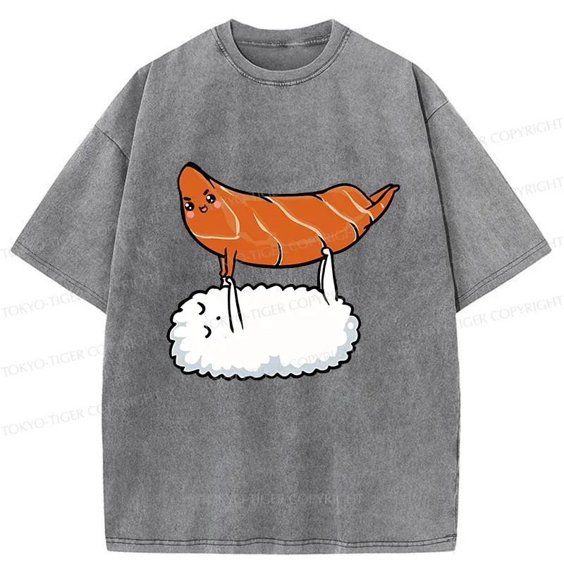 Tokyo-Tiger Sushi Doing Yoga Washed T-Shirt
