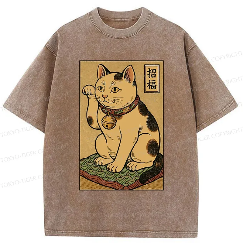 Tokyo-Tiger Retro Lucky Cat Washed T-Shirt