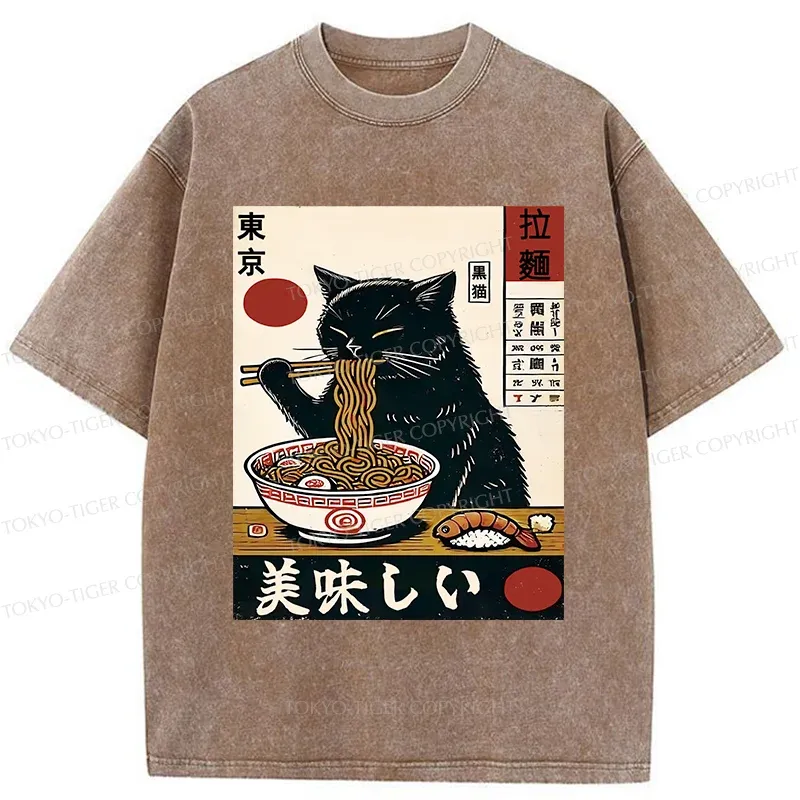 Tokyo-Tiger Black Cat Eating Japanese Ramen Washed T-Shirt