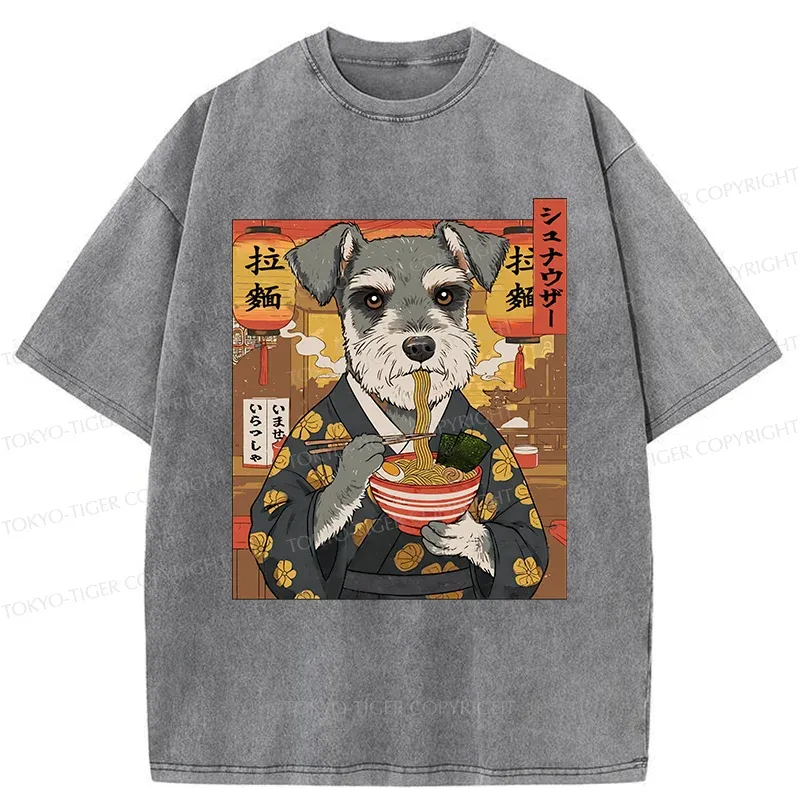 Tokyo-Tiger Schnauzer Eating Ramen Washed T-Shirt