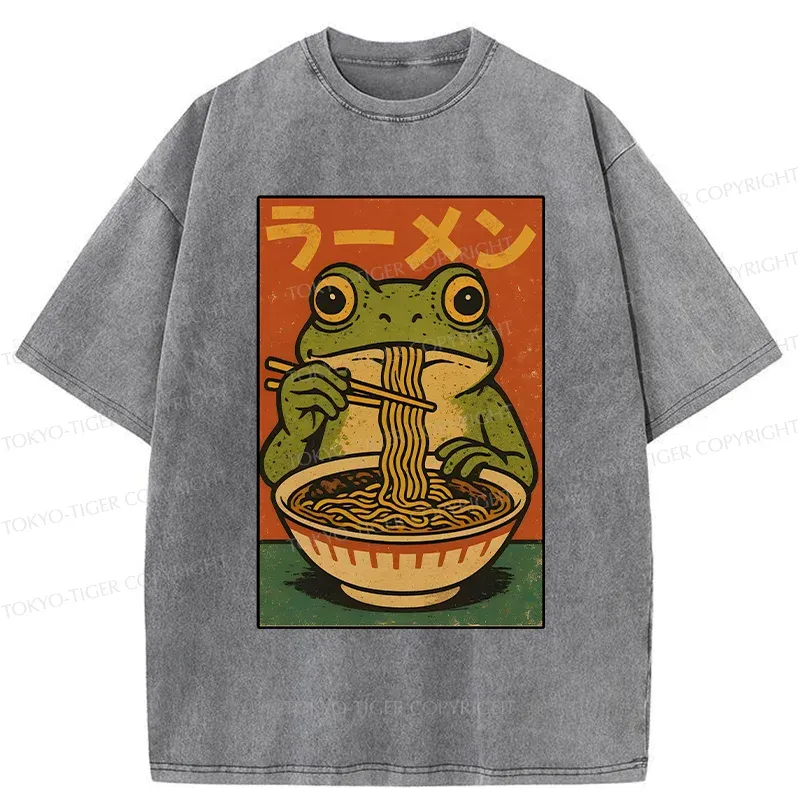 Tokyo-Tiger Frog Eating Ramen Retro Washed T-Shirt