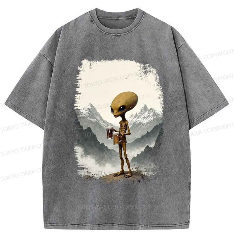 Tokyo-Tiger Alien With Beer Funny Washed T-Shirt