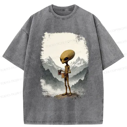 Tokyo-Tiger Alien With Beer Funny Washed T-Shirt