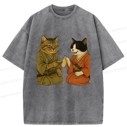 Tokyo-Tiger Cat Tasting Sake Washed T-Shirt