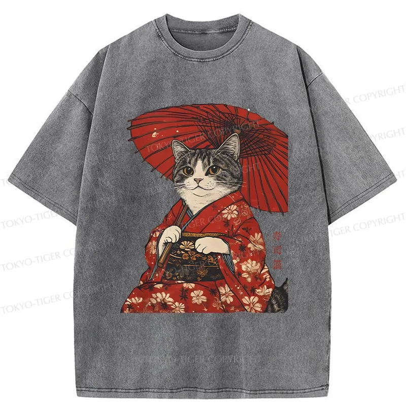 Tokyo-Tiger Japanese Cat Holding An Umbrella Washed T-Shirt