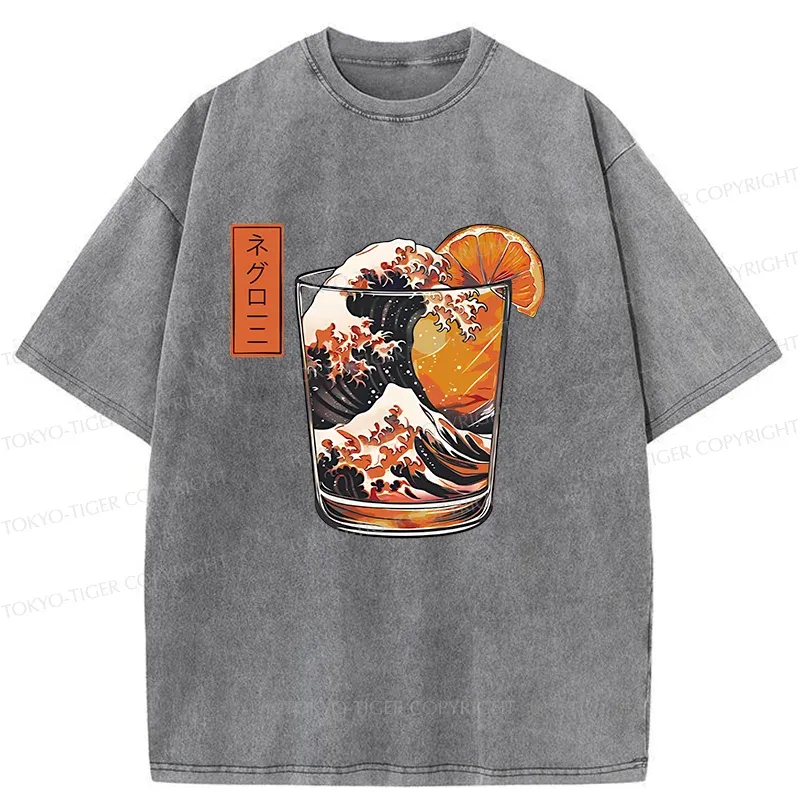 Tokyo-Tiger Ukiyoe Wine Cup Washed T-Shirt