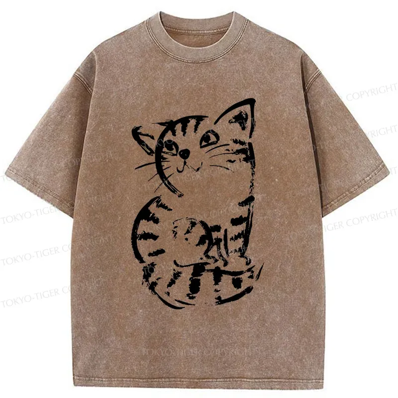 Tokyo-Tiger Retro Japanese Cat Washed T-Shirt
