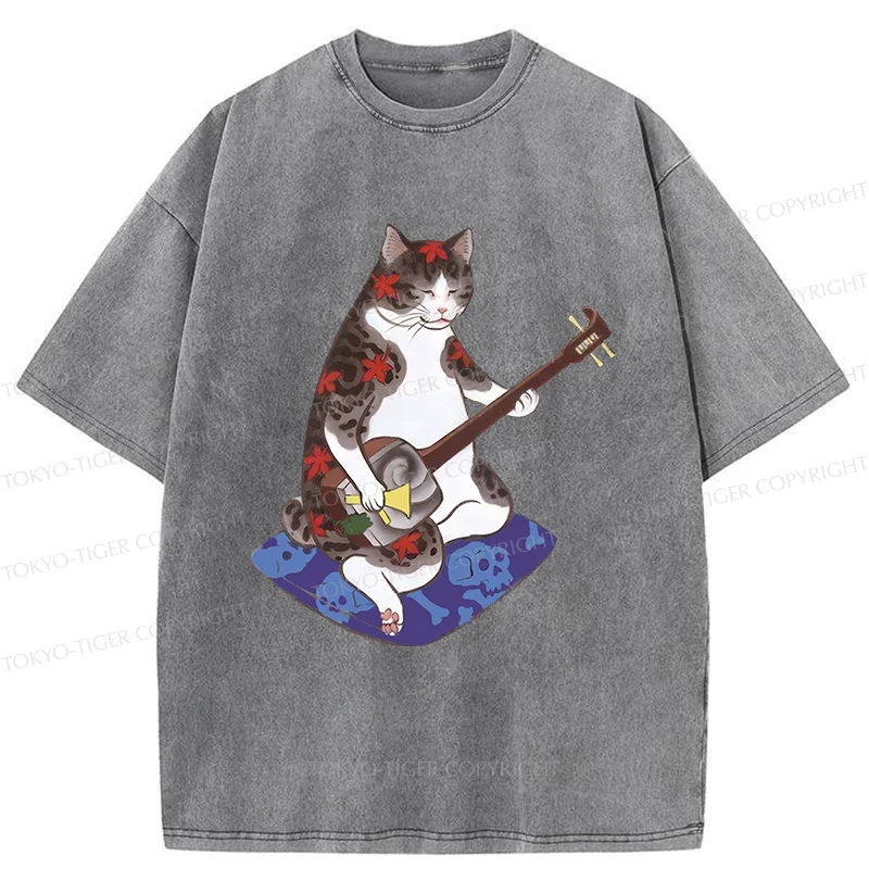 Tokyo-Tiger Cat Playing Shamisen Washed T-Shirt