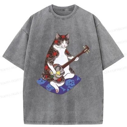 Tokyo-Tiger Cat Playing Shamisen Washed T-Shirt