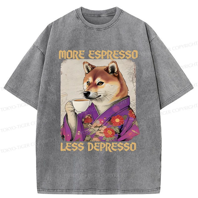 Tokyo-Tiger Shiba Inu Drinking Coffee Washed T-Shirt