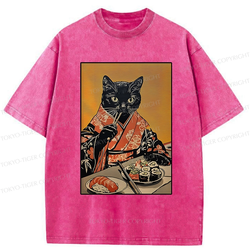 Tokyo-Tiger Sushi Lover Black Cat Washed T-Shirt