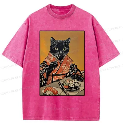 Tokyo-Tiger Sushi Lover Black Cat Washed T-Shirt