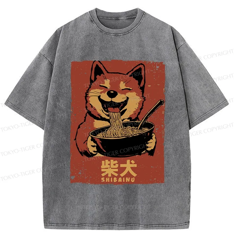 Tokyo-Tiger Ramen Lover Shiba Inu Washed T-Shirt