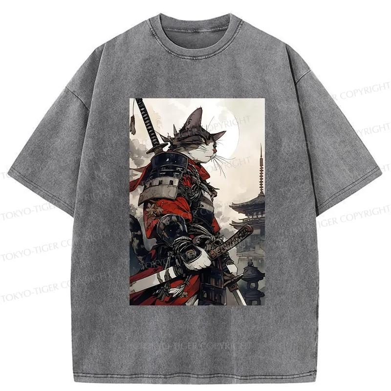 Tokyo-Tiger Majestic Samurai Cat Washed T-Shirt