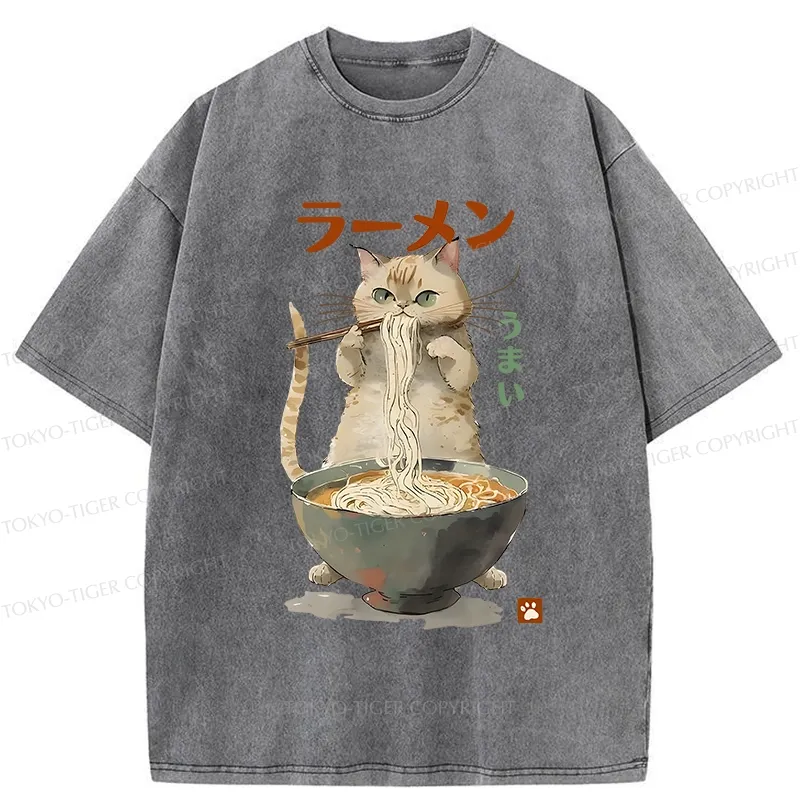 Tokyo-Tiger Cute Cat Eating Yummy Ramen Washed T-Shirt