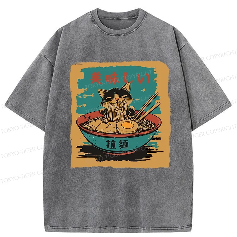 Tokyo-Tiger Kitten Eating Ramen Washed T-Shirt