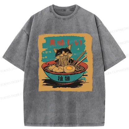 Tokyo-Tiger Kitten Eating Ramen Washed T-Shirt