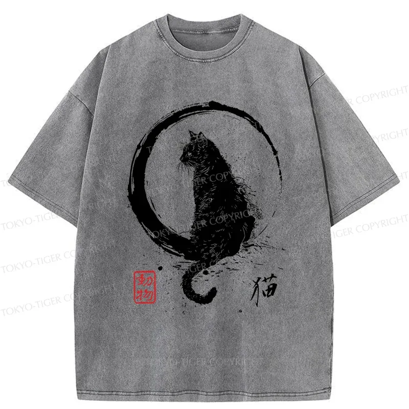Tokyo-Tiger Retro Japanese Black Cat Washed T-Shirt