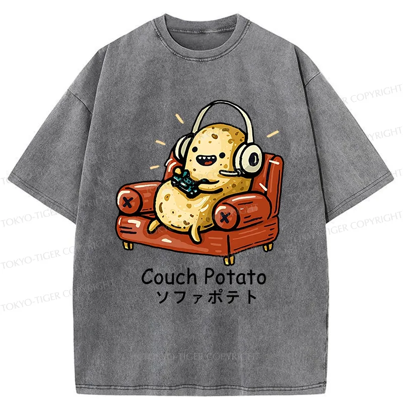 Tokyo-Tiger Funny Lazy Potato Washed T-Shirt