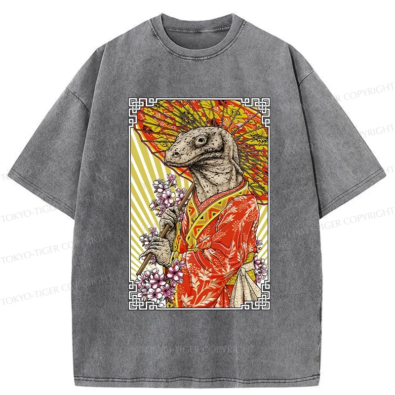 Tokyo-Tiger Elegant Lizard Holding An Umbrella Washed T-Shirt