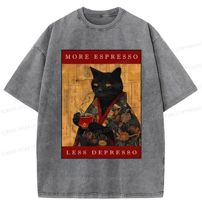 Tokyo-Tiger More Espresso Less Depresso Cat Washed T-Shirt