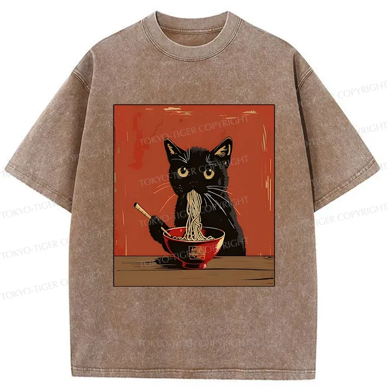 Tokyo-Tiger Japanese Black Cat Eating Ramen Washed T-Shirt
