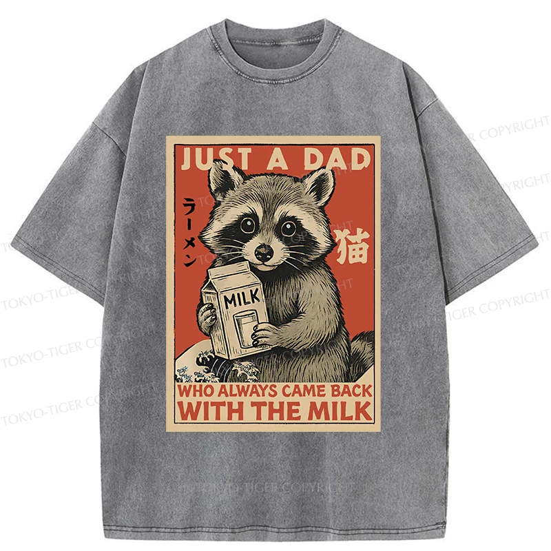 Tokyo-Tiger Cute Raccoon Holding Milk Washed T-Shirt
