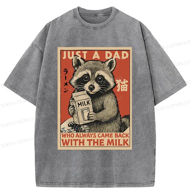 Tokyo-Tiger Cute Raccoon Holding Milk Washed T-Shirt