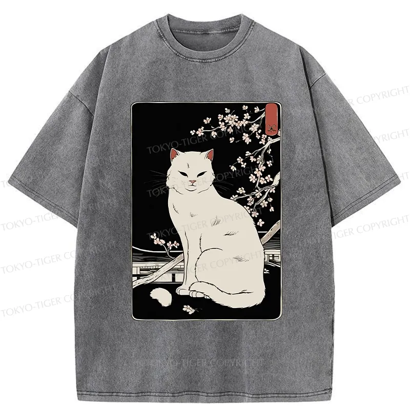 Tokyo-Tiger Cat Under The Sakura Washed T-Shirt