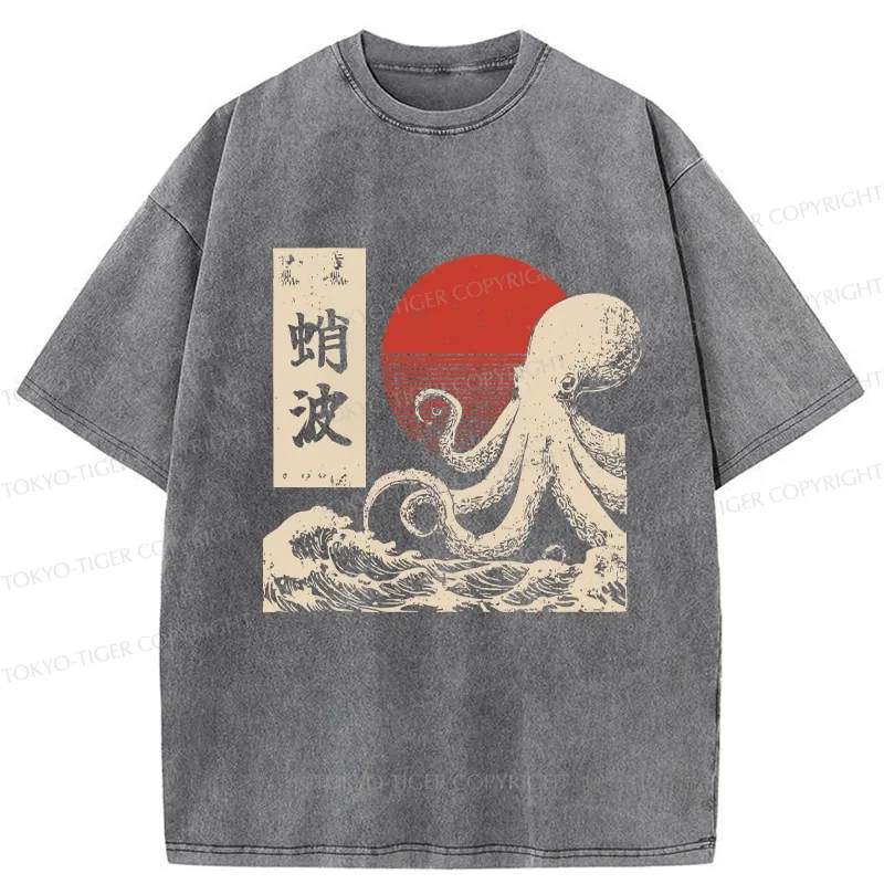 Tokyo-Tiger Retro Octopus Wave Washed T-Shirt