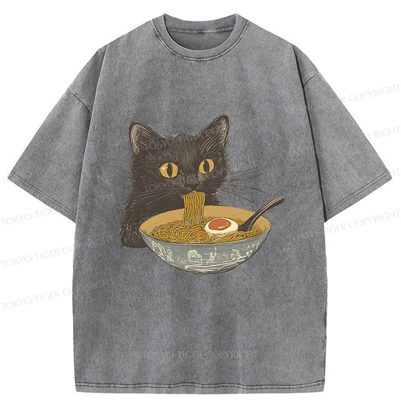 Tokyo-Tiger Cat Eating Tonkotsu Ramen Washed T-Shirt