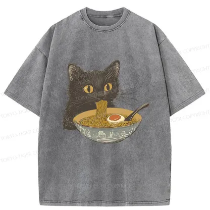 Tokyo-Tiger Cat Eating Tonkotsu Ramen Washed T-Shirt