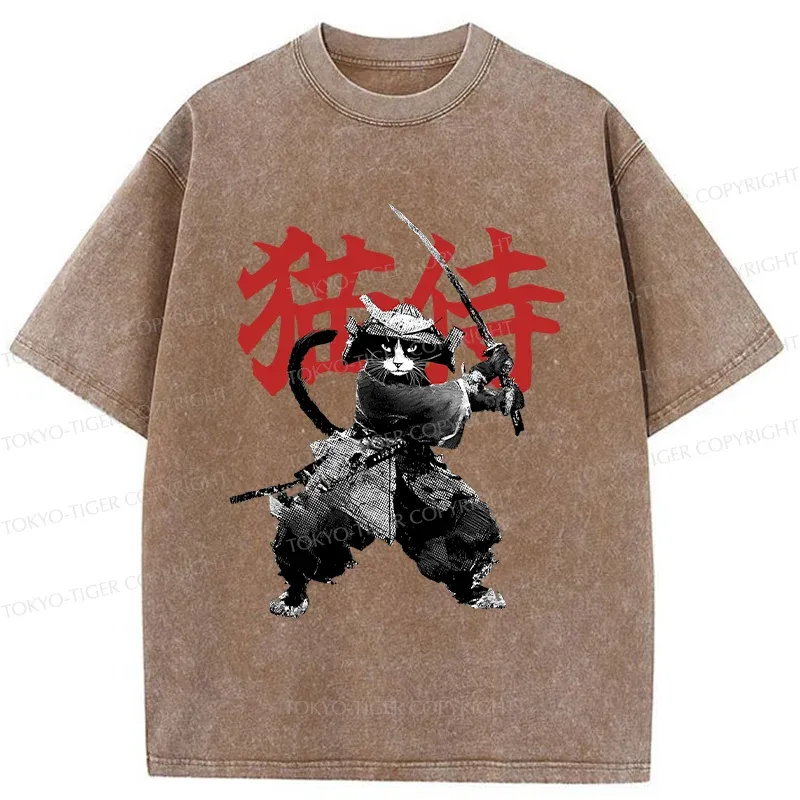 Tokyo-Tiger Black Cat Samurai Washed T-Shirt