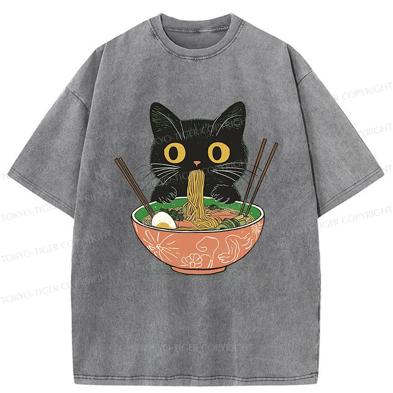 Tokyo-Tiger Black Cat Steals Ramen Washed T-Shirt