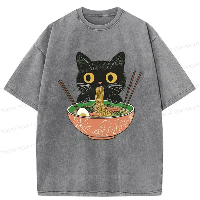 Tokyo-Tiger Black Cat Steals Ramen Washed T-Shirt